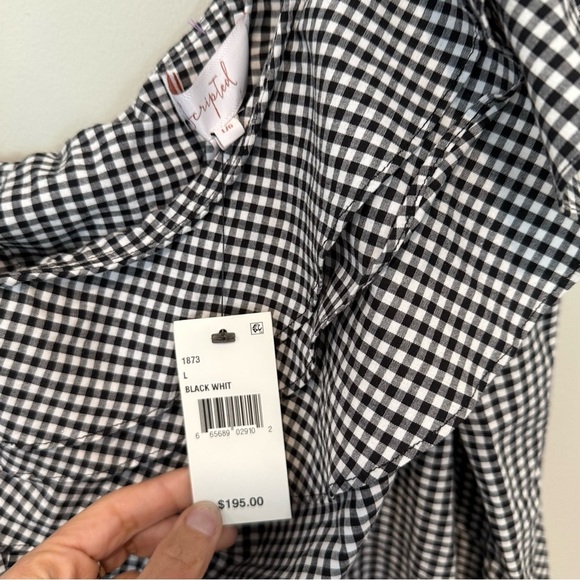 SCRIPTED BLOUSE, CHECKERED PATTERN ONE OFF SHOULDER RUFFLED SIZE LARGE 1644 - Picture 8 of 11